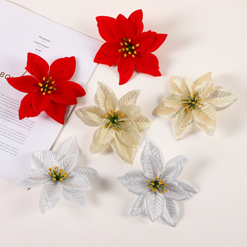 圣诞五角花朵装饰品家居DIY配件塑料绒布圣诞装饰花工艺品礼品创意香皂花