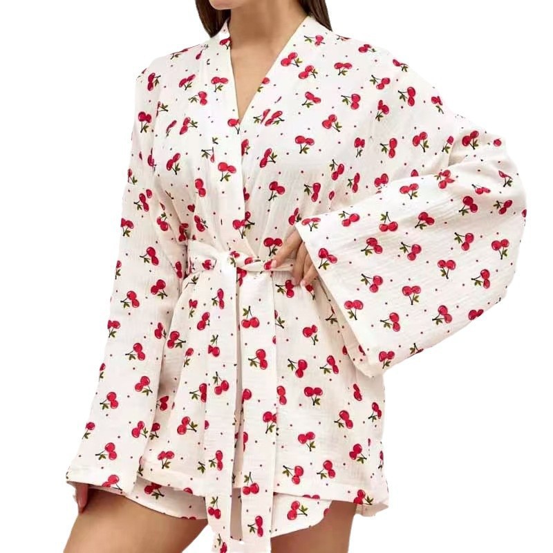 European and American style women's cross-border home two-piece set, cherry top, shorts, all-season bathrobes, pajamas and home textile set Item Picture