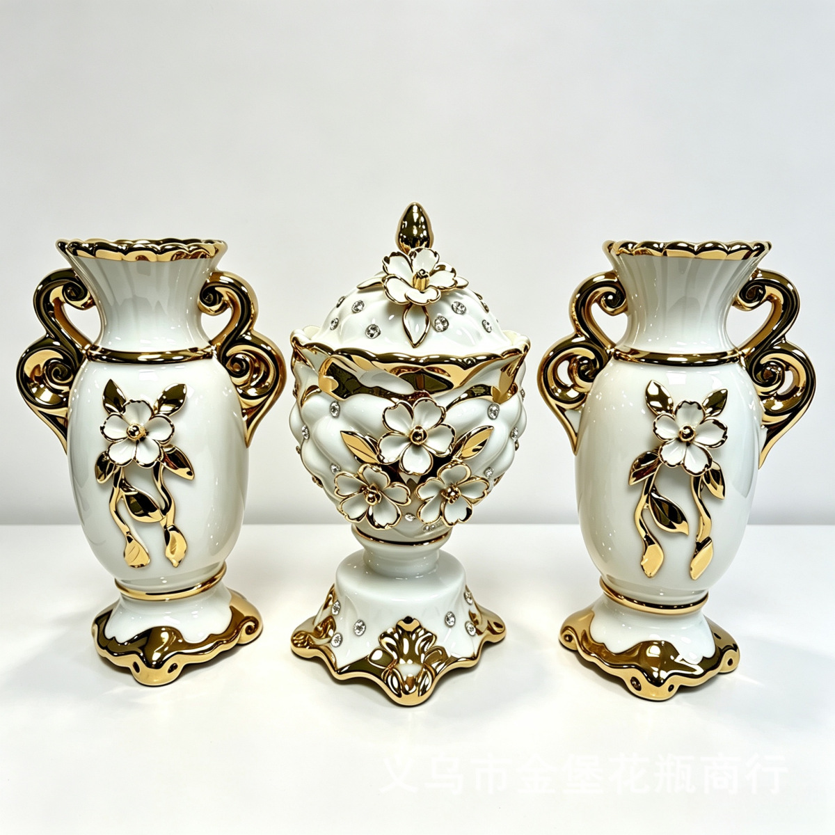 Pure white relief small Daisy ceramic vase set, gilded double-ear home entrance soft decoration handicraft Specification image
