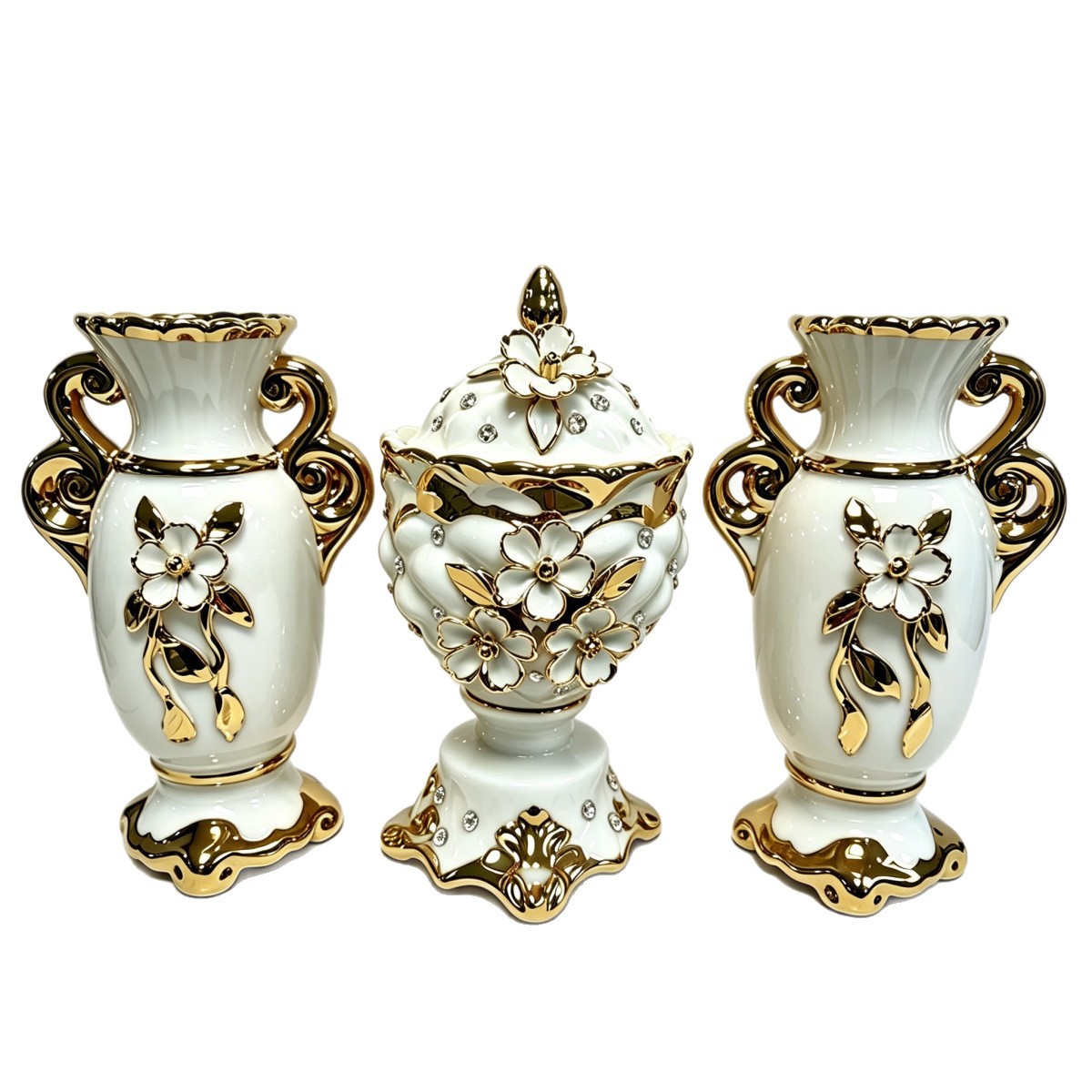 Pure white relief small Daisy ceramic vase set, gilded double-ear home entrance soft decoration handicraft Item Picture