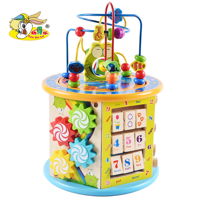 Montessori Wooden children's octahedron beading Early Education and Intelligence Treasure Box, Happy Farm Beading Children's Day toy Multi-functional Play table details Picture