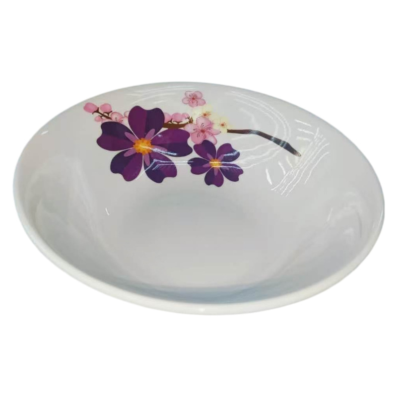 Factory-issued melamine white printed round rice bowls and soup bowls, commercial hot pot restaurant tableware Application Scenario