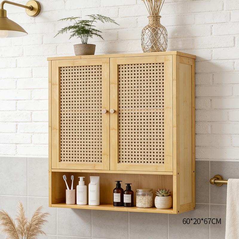 北欧多层竹制壁挂收纳柜大容量厨房卫生间餐边柜墙上储物柜