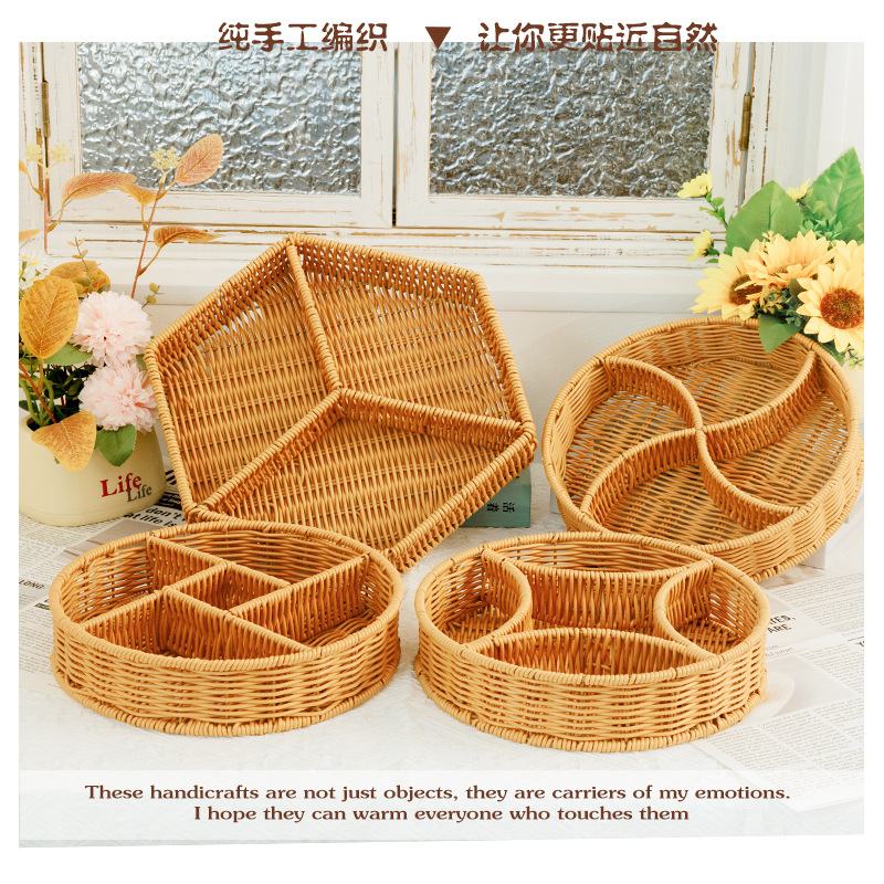 Desktop fruit candy, rattan woven hot pot, vegetable and pastry storage basket, creative tableware, commercial compartmentalized plate, self-service barbecue storage basket Application Scenario