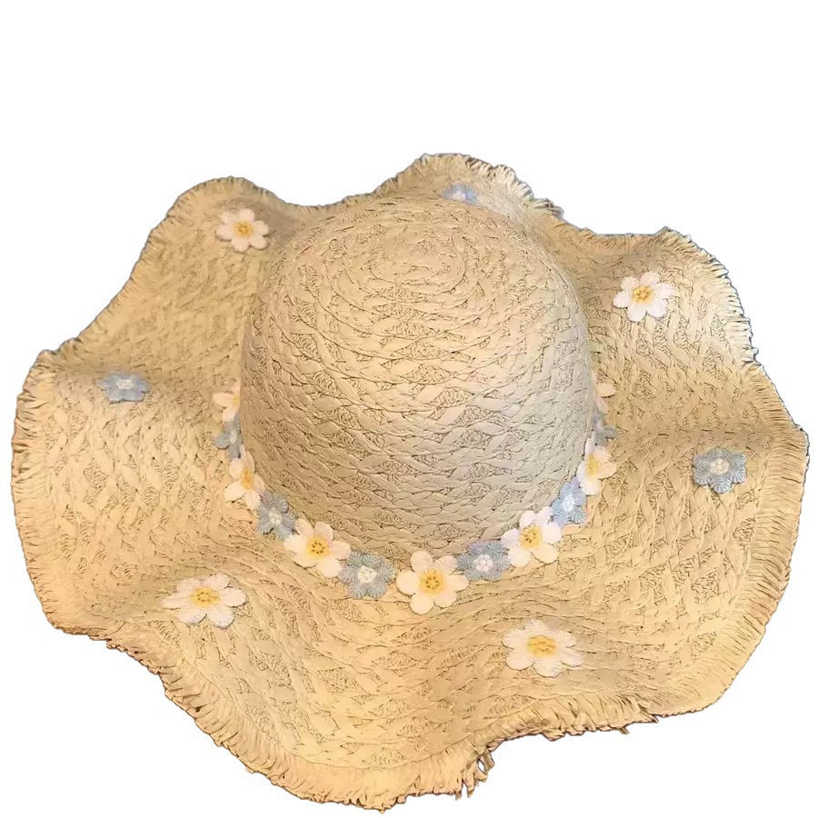 Summer seaside beach vacation style photo shoot, flower-filled brim straw hat, versatile and simple sun protection hat, trendy handicrafts, folk handicrafts, straw weaving Item Picture