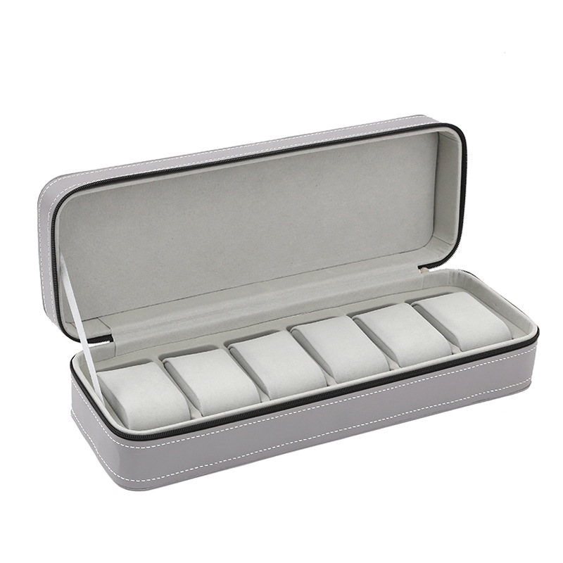 New black portable watch storage box with zipper flip cover design, 6-position PU leather jewelry display box, daily necessities storage dust-proof jewelry rack, jewelry bag Item Picture
