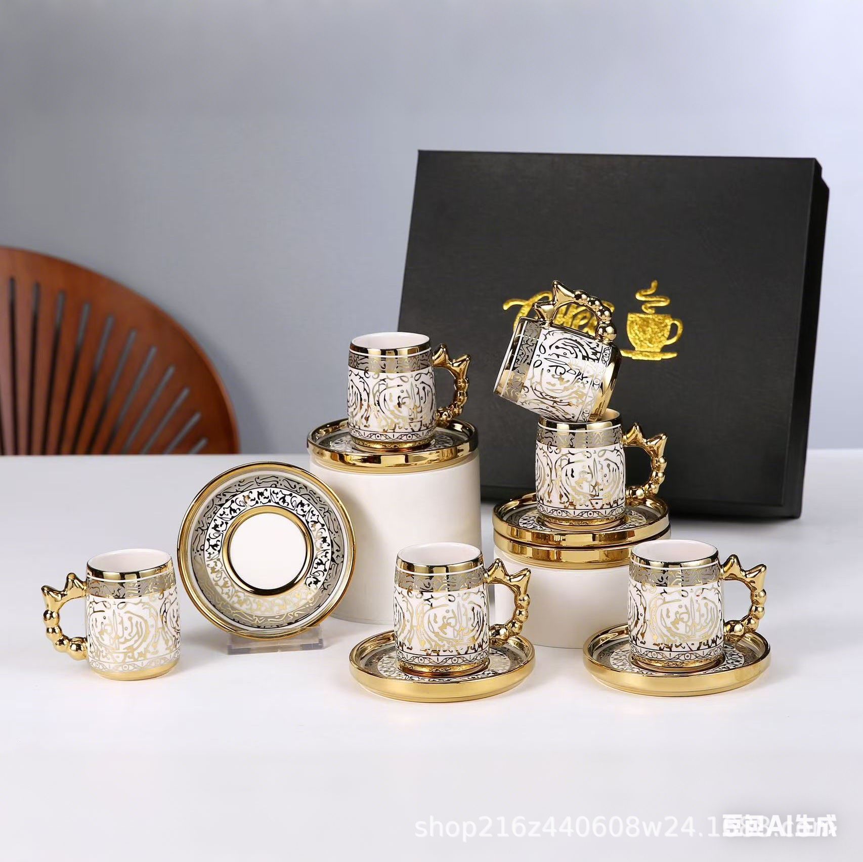 Cross-border hot gold-embossed European-style afternoon tea cup and saucer set, 6 cups and 6 saucers, home ceramic coffee cups, red tea cups