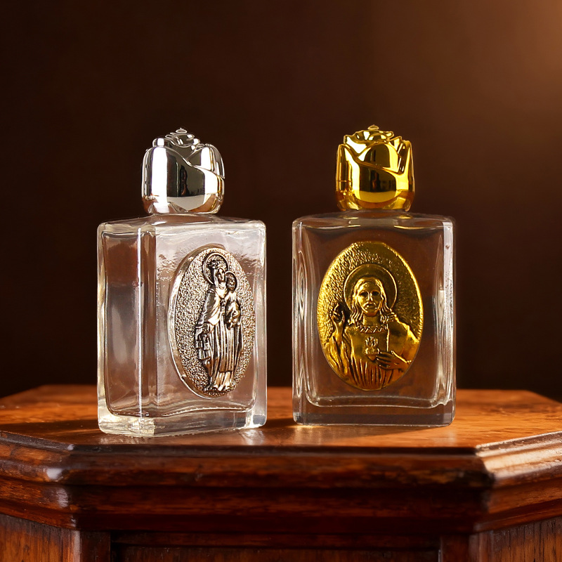15ml Holy Water bottle, glass metal embossed rose decoration, baptism bottle, cross-border packaging glass bottle, decorative items details Picture