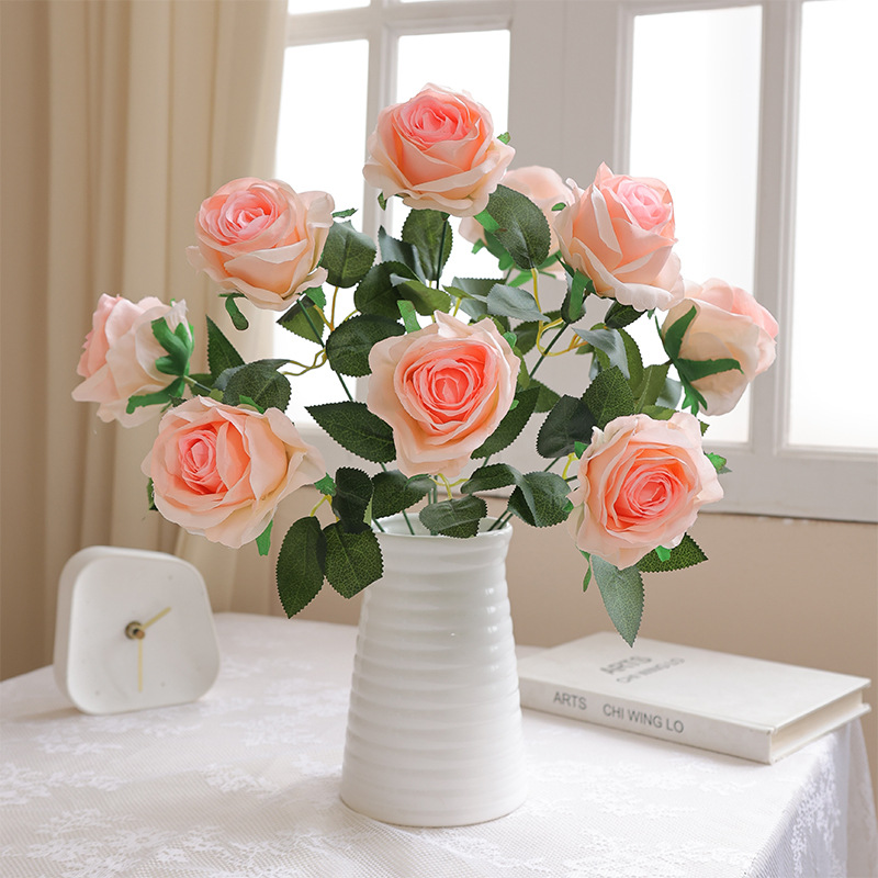 Floral art home decoration, artificial flowers, wedding supplies, bride holding a large rose simulation 9-head bouquet, office culture simulation garden flower gift box Specification image