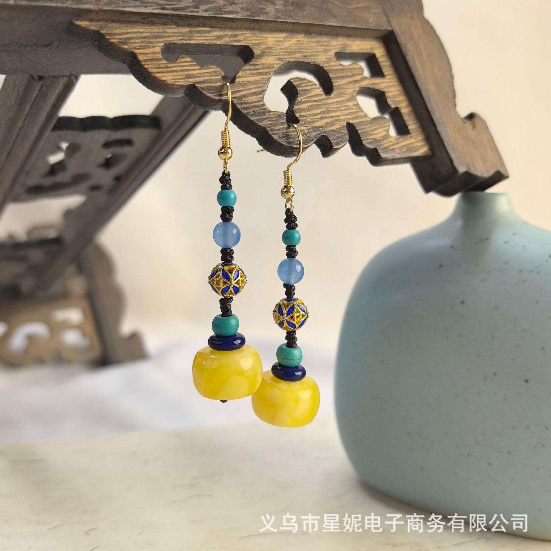 2026新款女潮气质复古景泰蓝长款宫廷风耳坠耳环直播饰品