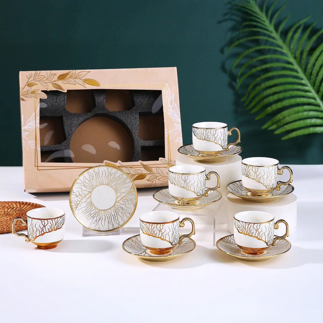 European-style electroplated ceramic coffee cup and saucer set, simple cross-border afternoon tea, wholesale cups for foreign trade gifts Specification image