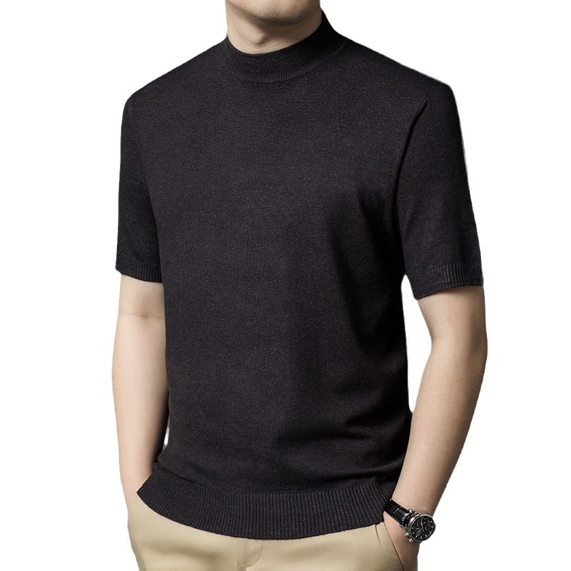 Men's autumn and winter semi-high-neck wool knitted sweater, short-sleeved, slimming, fashionable and versatile business casual base layer, made of textile fabric Item Picture