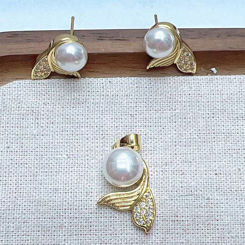 Copper gold-plated pearl pendant stud DIY jewelry accessory, niche design, high-end and simple fishtail pearl earrings details Picture