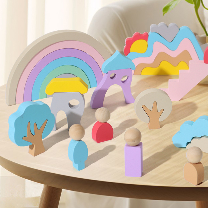 Children's wooden rainbow building blocks, jigsaw puzzles, Jenga, kindergarten babies' educational toys, early education creative fine motor medium particle building blocks details Picture