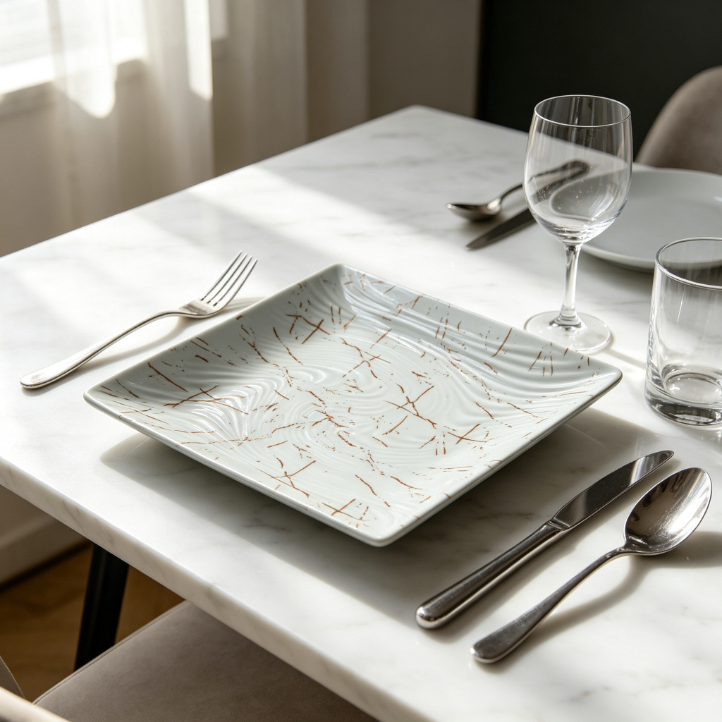 Factory direct sales of white faux marble-textured melamine dinner plates, commercial stock, shockproof and wear-resistant square daily necessities
