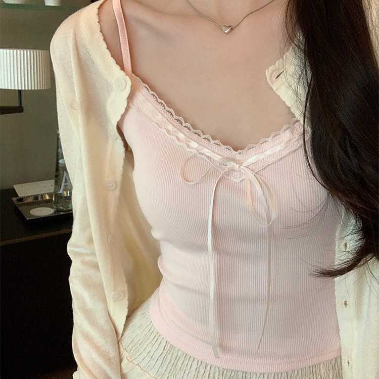 纯欲蕾丝花边背心女带胸垫短款甜美内搭外穿蝴蝶结美背上衣夏季新款