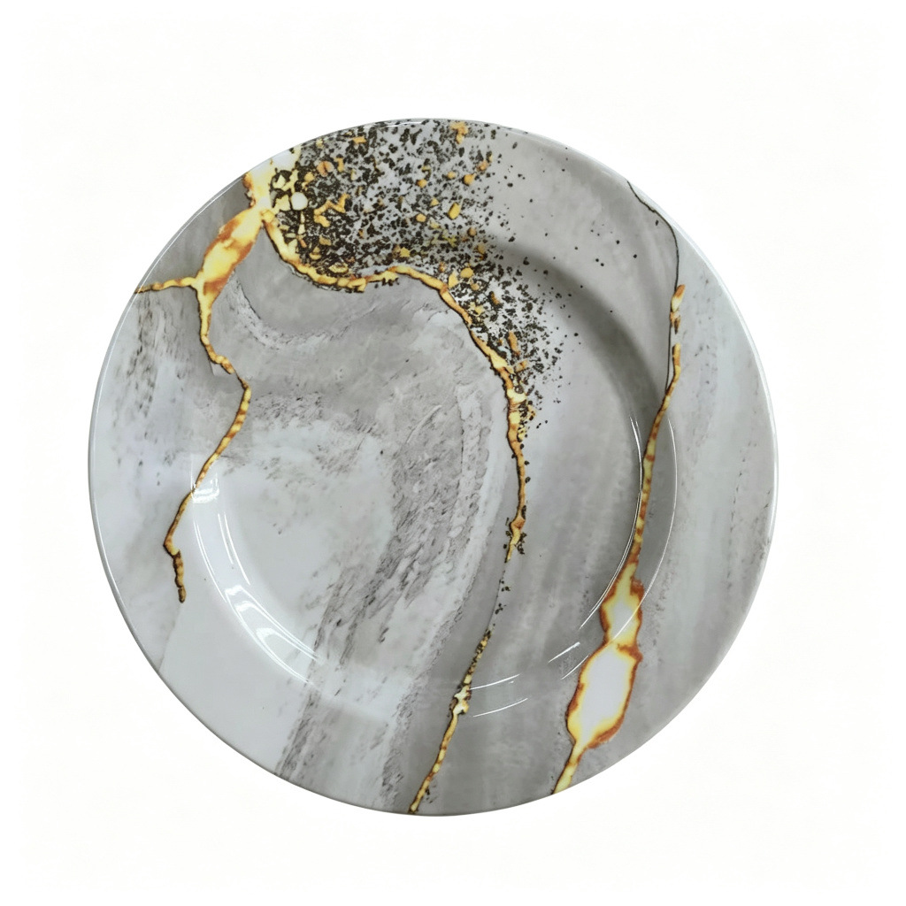 Factory direct sales of grayish-white marble gilded cracked round melamine dinner plates in commercial stock, durable and wear-resistant details Picture