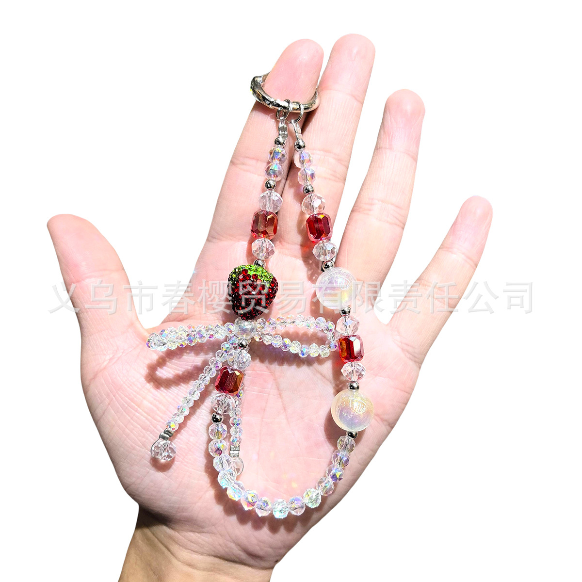Creative and fashionable full-diamond strawberry bow mobile phone chain keychain, exquisite bag pendant chain, crystal sparkling beaded chain Specification image