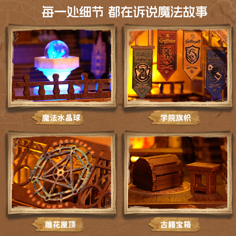 DIY handcrafted model of wooden assembly bookcase miniature scene from the Magic Academy, double-layer bookshelf display item with sensor light Application Scenario
