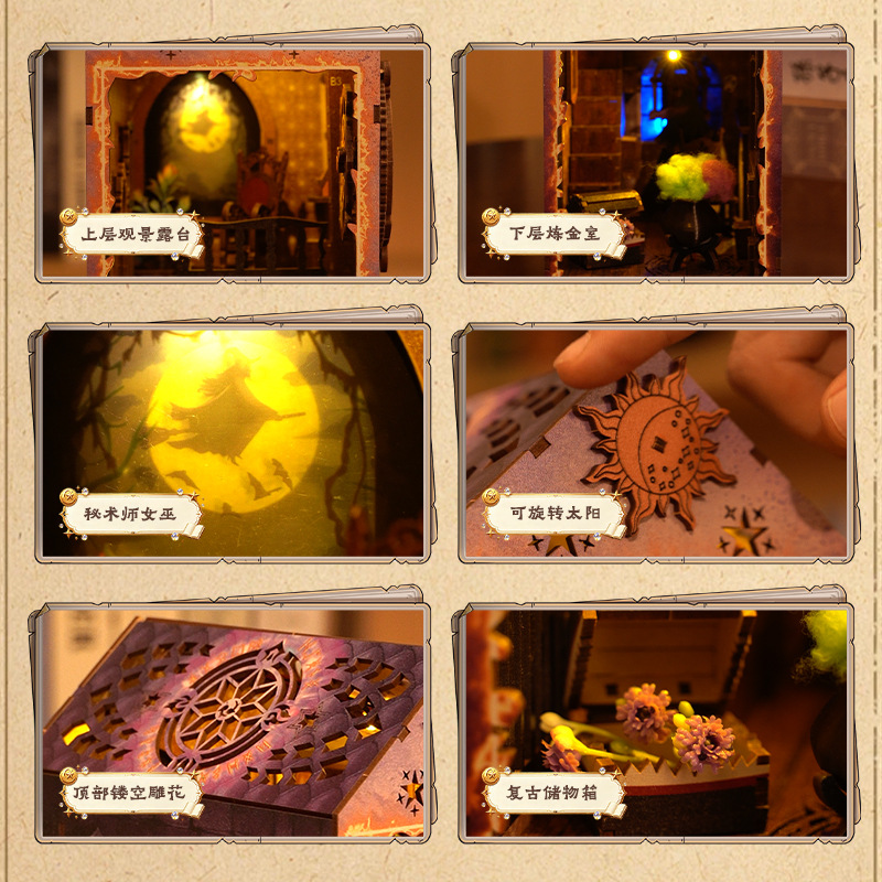 DIY miniature wooden bookstand with light-sensing magic scene display for the Home of the Sorcerer Application Scenario