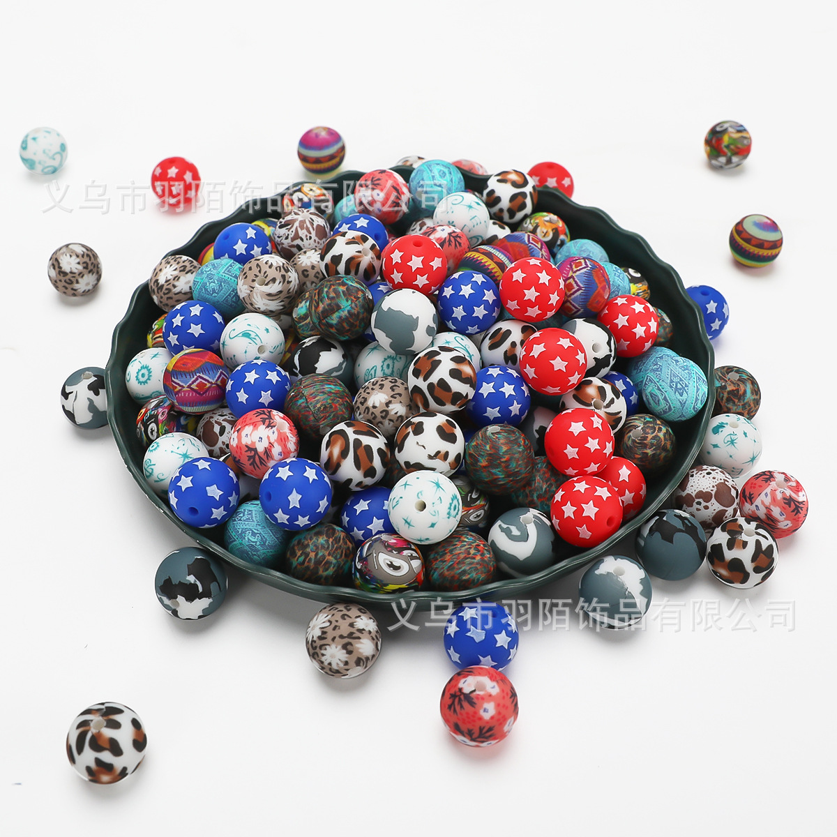 Zhejiang Sheng Watermark Silicone Beads 15mm leopard Print water transfer printed round beads for pacifier chain accessories, loose beads and string beads materials Application Scenario