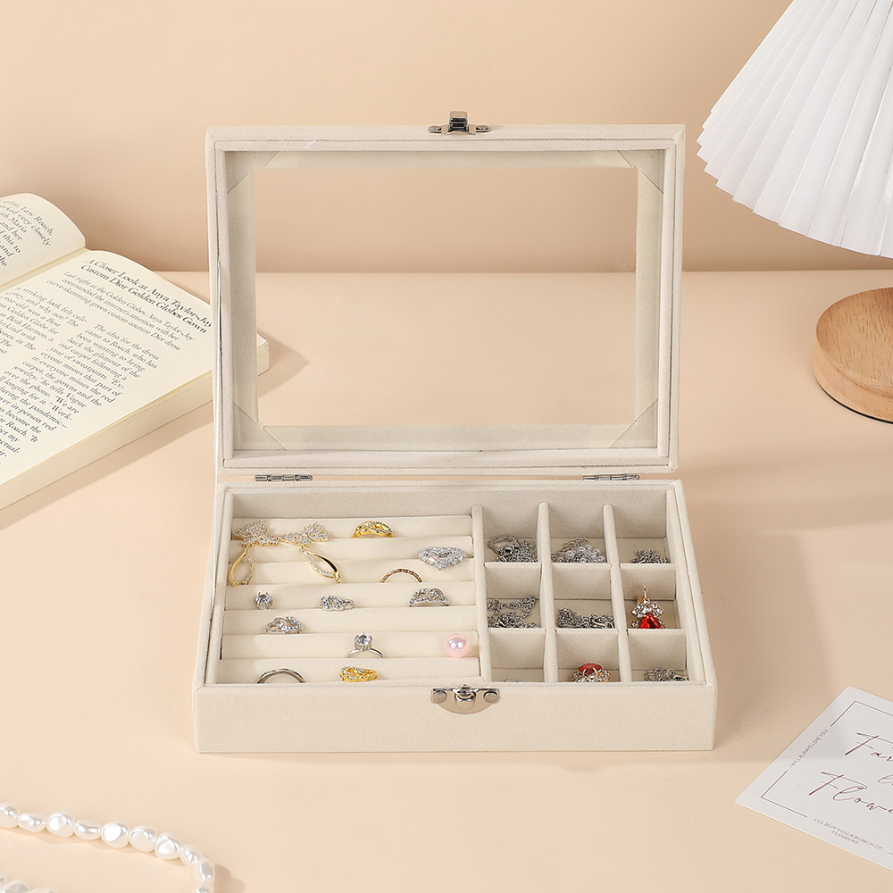 New high-end velvet glass transparent flip cover jewelry storage box, jewelry ring necklace display box, accessory packaging storage box details Picture