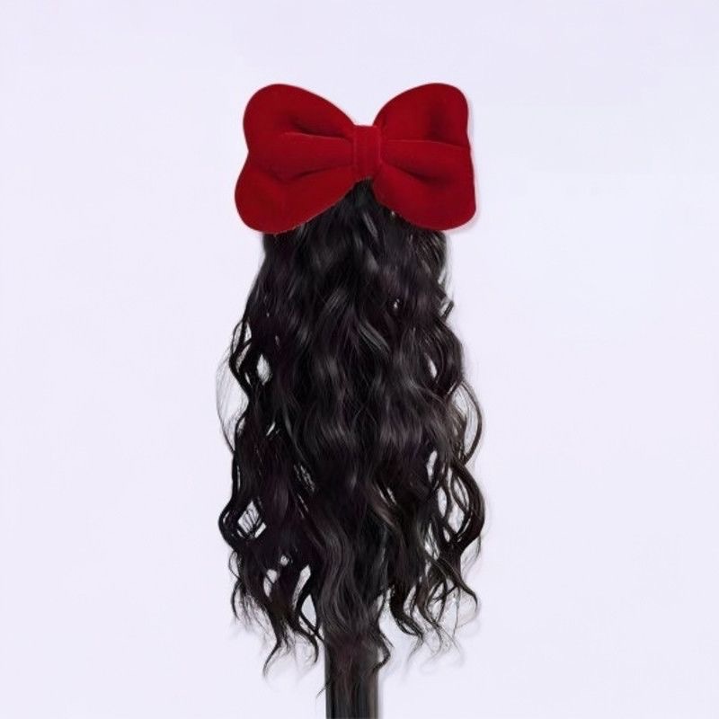 Red velvet bow children's wig, realistic hair, cute little princess, wool curls, ponytail, hair clip in one piece Item Picture