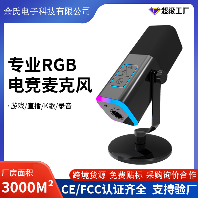 定制WM13跨境USB桌面圆盘支架直播话筒RGB动圈降噪游戏麦克风数码电脑电竞外设