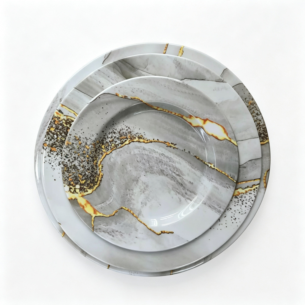 Factory direct sales of grayish-white marble gilded cracked round melamine dinner plates in commercial stock, durable and wear-resistant Application Scenario