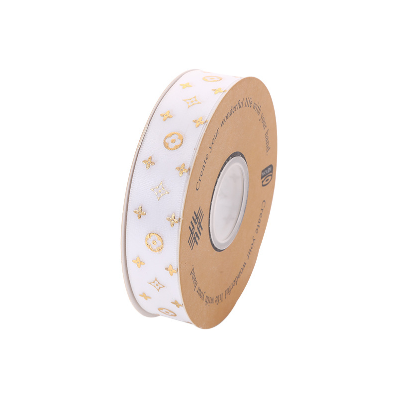 Small-batch customized polyester gilding copper coin pattern flower gift packaging ribbons, wedding candy boxes and souvenir ribbons Item Picture