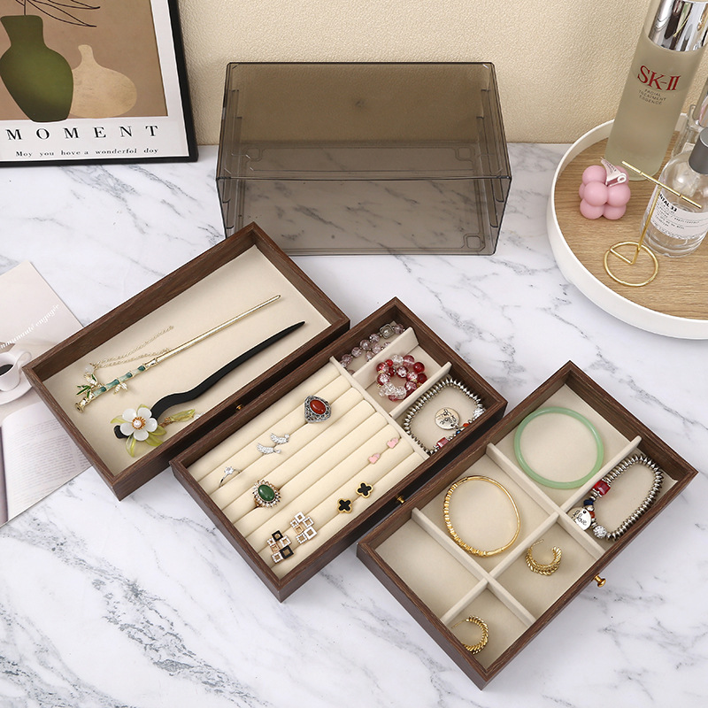 Walnut wood grain solid wood three-in-one jewelry box, drawer-type multi-functional dust-proof and moisture-proof retro storage box, jewelry organization bag box, cardstock Specification image