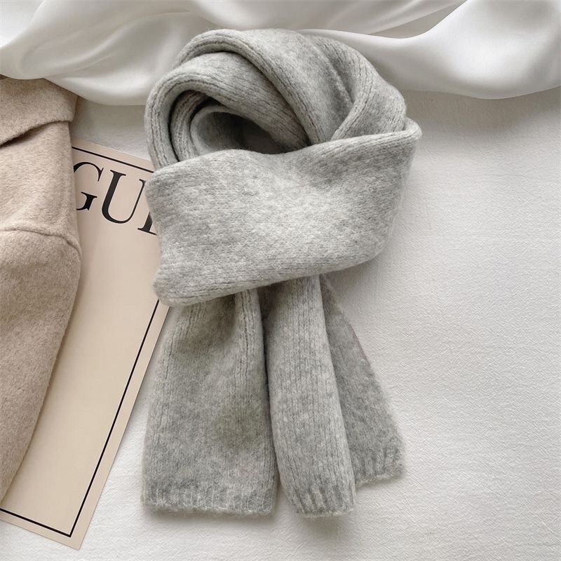 Korean-style versatile knitted scarf for women's winter, solid color, soft, warm, laid-back and simple small scarf clothing accessory Application Scenario