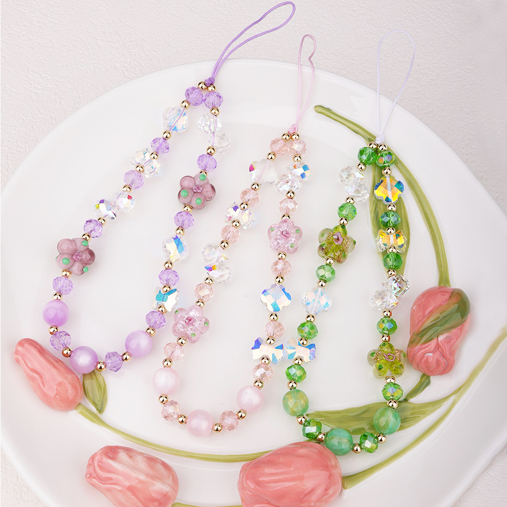 New cherry blossom woven beaded mobile phone chain pendant, mountain cherry blossom Moon crystal Flower Girl heart bag pendant, CCD wrist chain