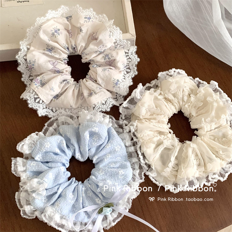 韩系少女心马卡龙色蕾丝花边重工大肠发圈温柔甜美碎花蝴蝶结发饰女头饰饰品
