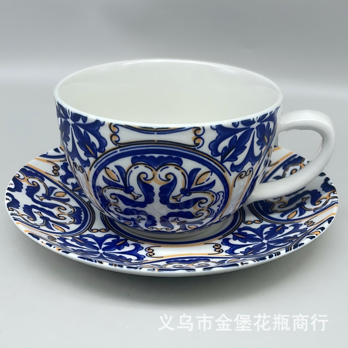 European retro bone China coffee cup and saucer set, blue and white gilded light luxury afternoon tea ceramic latte cup Application Scenario