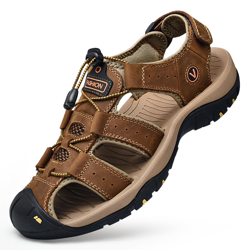 Summer plus-size men's outdoor sports leather sandals with toe caps, casual anti-slip rubber-soled canyoning beach shoes, and sports camp shoes