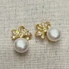 Light luxury micro-inlaid zircon bow ribbon pearl earrings, elegant and fashionable stud earrings, women's style Specification image