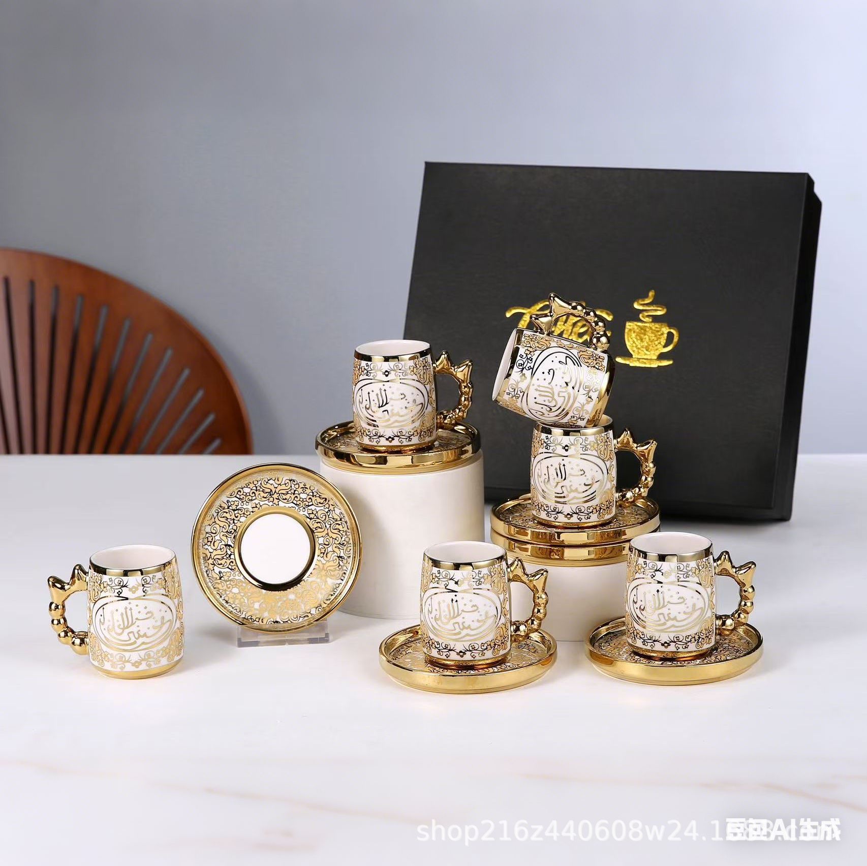 Cross-border hot gold-embossed European-style afternoon tea cup and saucer set, 6 cups and 6 saucers, home ceramic coffee cups, red tea cups Specification image