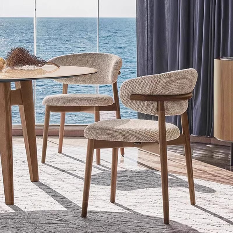 北欧实木餐椅简约家用透气棉麻粗麻布羊角椅Dining chair实木餐椅
