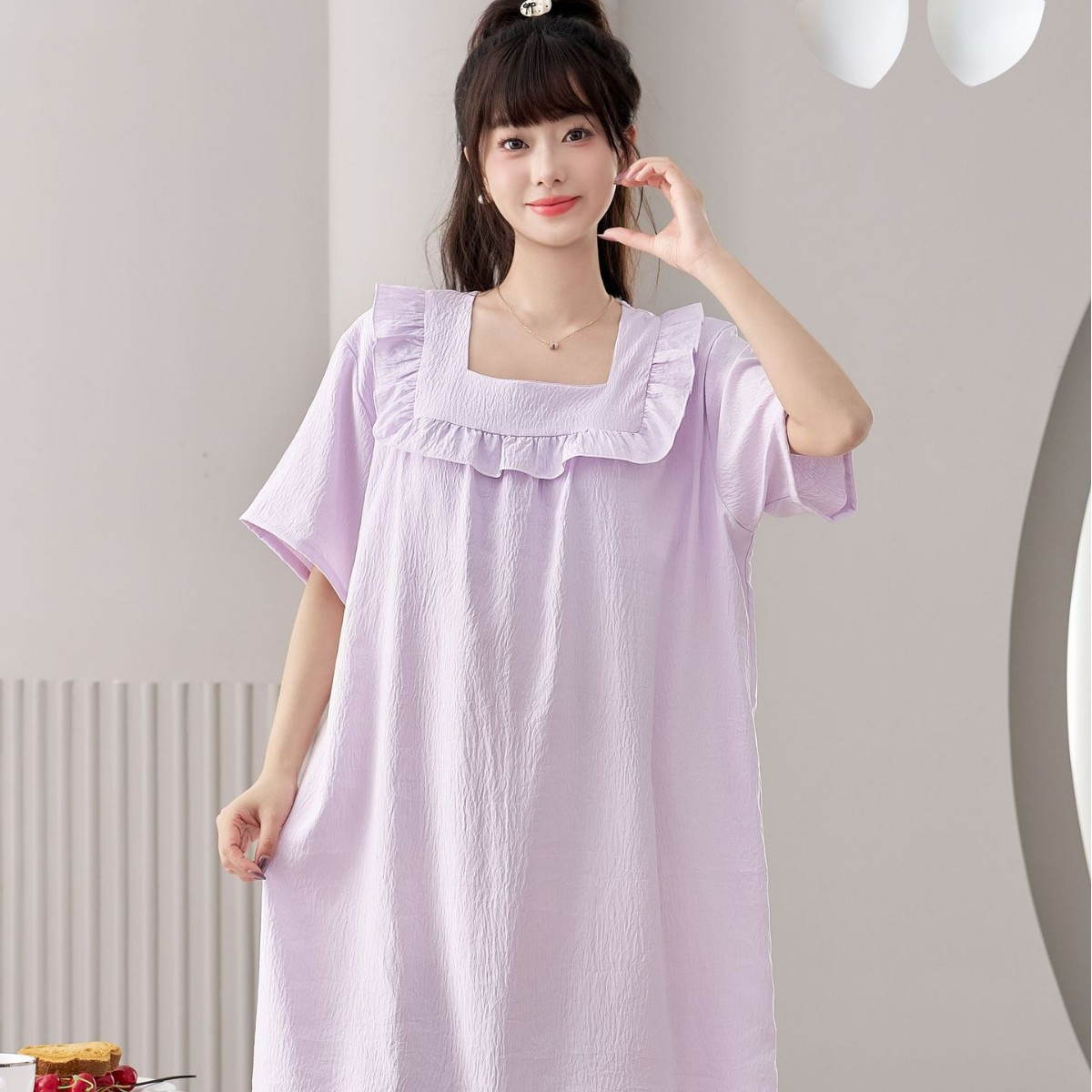 2025 New Fairy Wind and Cloud Cotton women's casual sleeping dress with square collar, simple and thin style with chest pad, children's home wear Application Scenario
