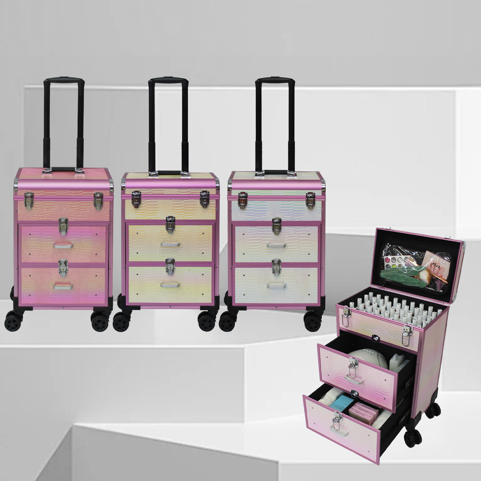 专业铝合金拉杆大容量化妆箱美容美发工具箱带抽屉妈咪晚宴包袋化妆箱
