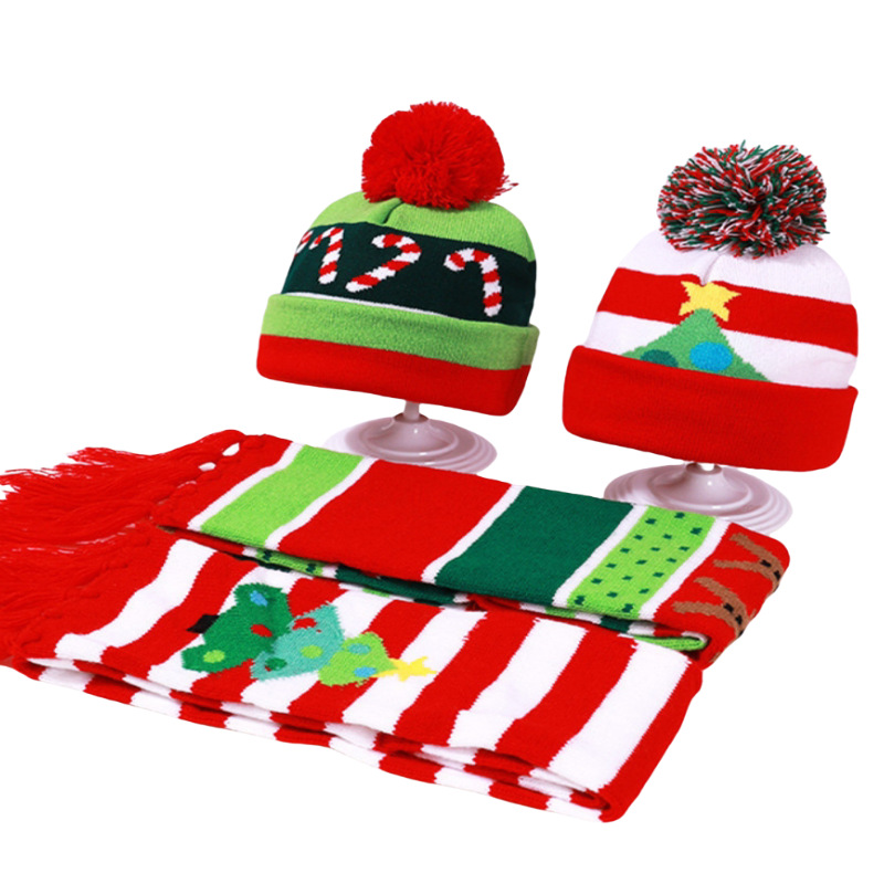 跨境热销成人冬季圣诞毛线帽套装LED亮灯保暖针织帽围巾表演节庆配饰批发