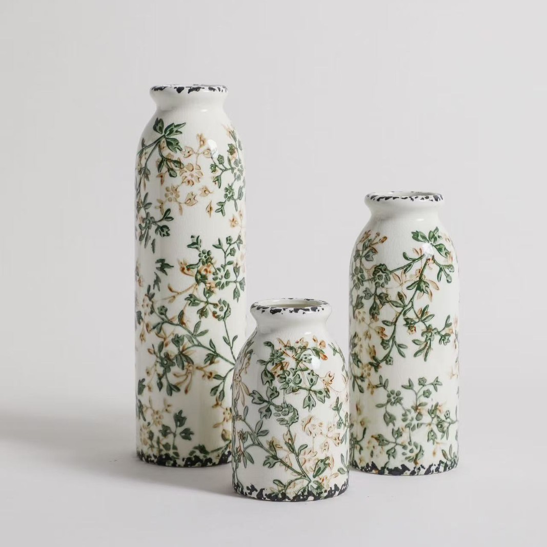 Amazon export crack-glazed antique ceramic vases and flower vases, retro white home living room dried flower decorations, embellish home aesthetics Specification image
