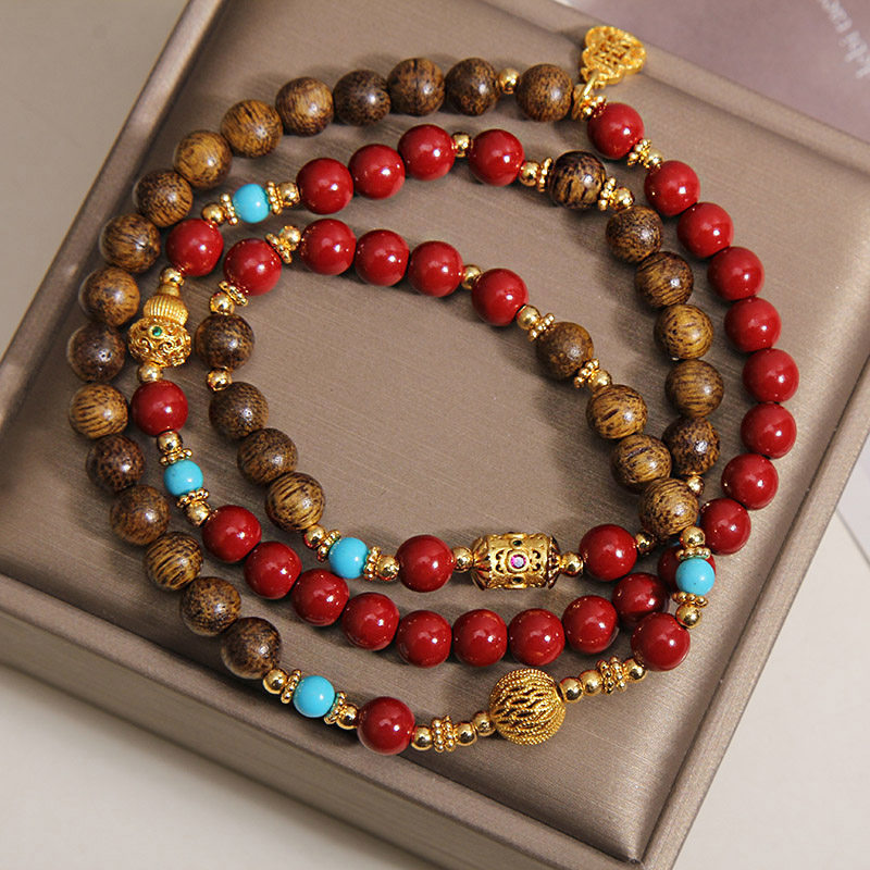 Agarwood multi-circle bracelet, new Chinese-style light luxury, retro ethnic style, purple gold sand peace gourd, wealth attraction bracelet and jewelry Item Picture