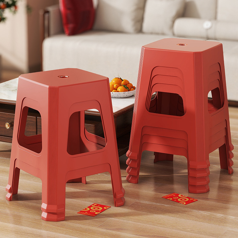 红色特厚塑料凳子客厅熟胶成人高凳耐用防滑简约餐桌加厚叠放板凳