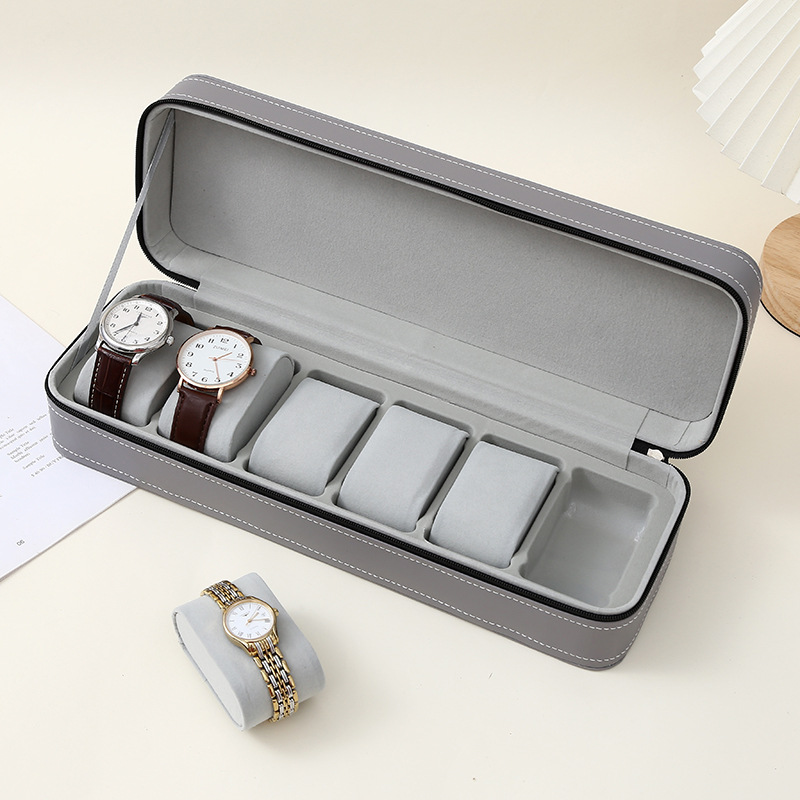New black portable watch storage box with zipper flip cover design, 6-position PU leather jewelry display box, daily necessities storage dust-proof jewelry rack, jewelry bag
