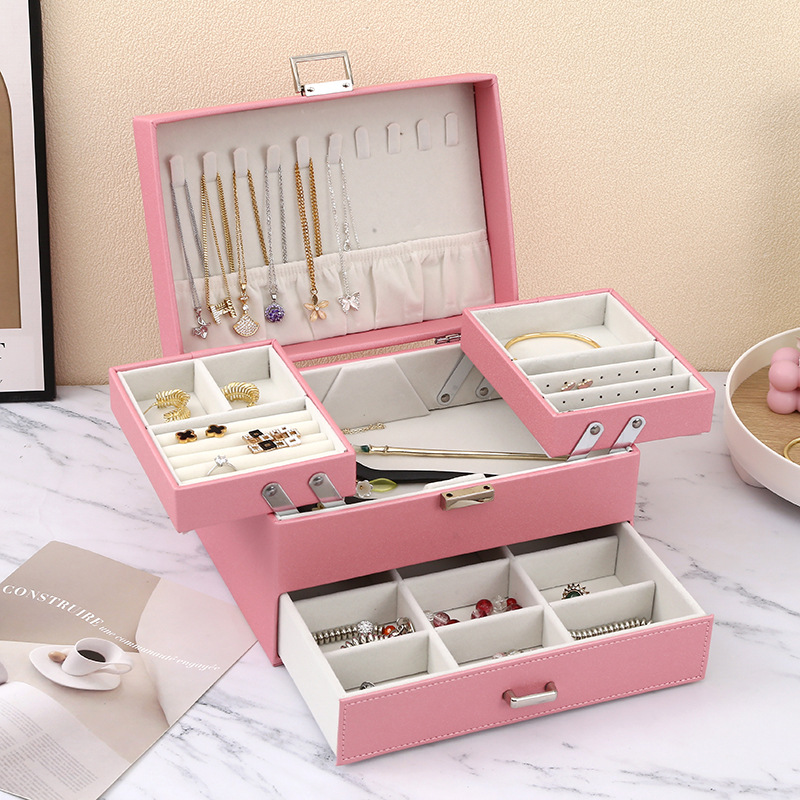 Korean version large-capacity PU multi-layer storage box, sweet and cute jewelry organization box, necklace ring jewelry box, accessory storage bag