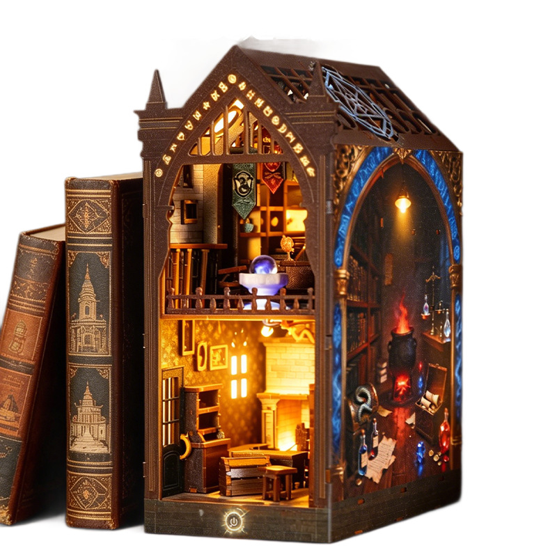 DIY handcrafted model of wooden assembly bookcase miniature scene from the Magic Academy, double-layer bookshelf display item with sensor light Item Picture