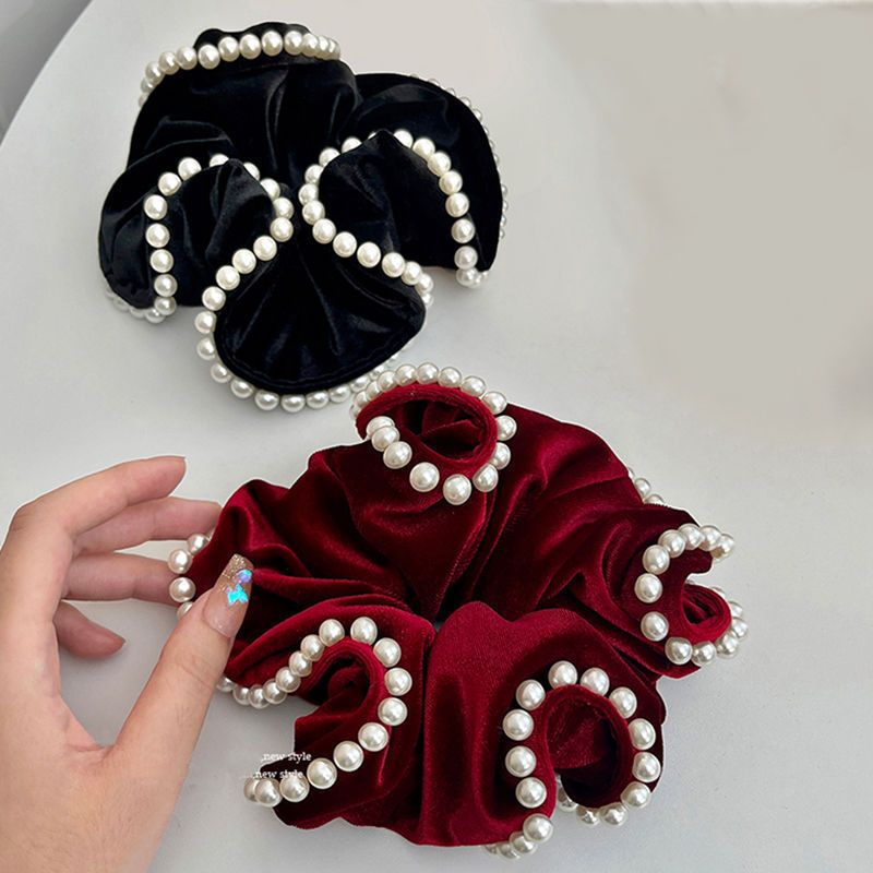Velvet pearl hair tie, extra-large 2023 new style, high-end and elegant updo ponytail hair accessory, hair tie, hair flower accessory, hair clip details Picture
