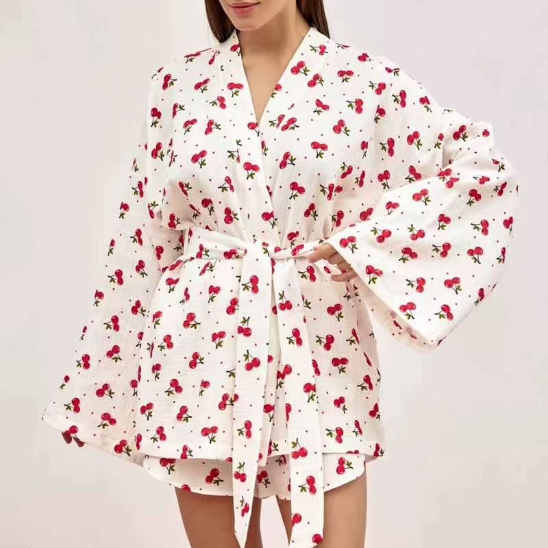 European and American style women's cross-border home two-piece set, cherry top, shorts, all-season bathrobes, pajamas and home textile set details Picture